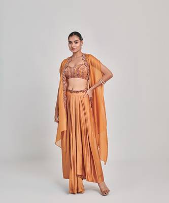 Mustard cutowork cape skirt set 1