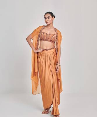 Mustard cutowork cape skirt set 2