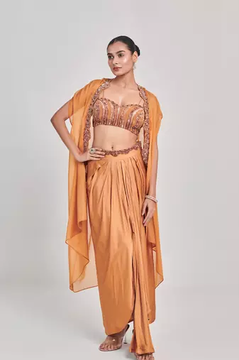 Mustard cutowork cape skirt set