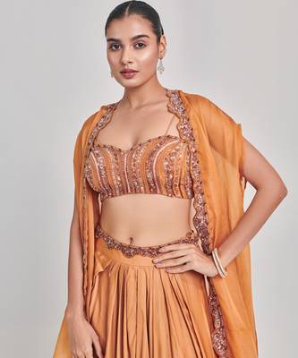 Mustard cutowork cape skirt set 4