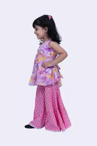 Twisha cute chiffon floral printed top & polka printed sharara-mauve & pink