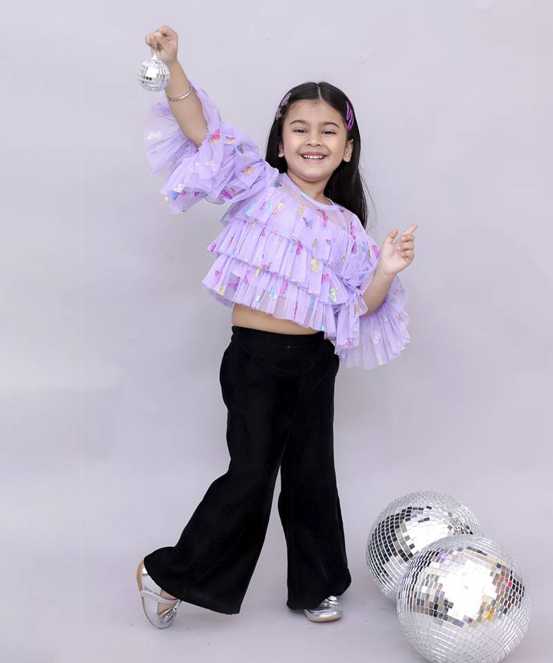 Glam up girls shimmer white butterfly print party top