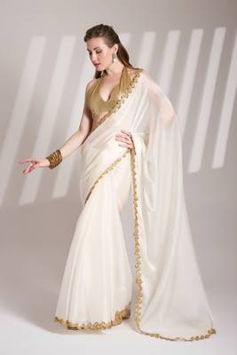 White solid fancy burberry organza saree 1
