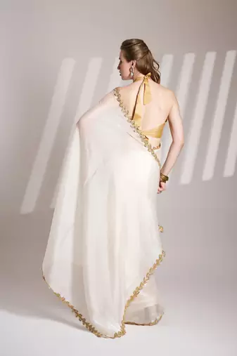 White solid fancy burberry organza saree