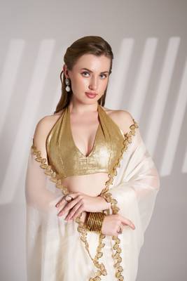 White solid fancy burberry organza saree 3