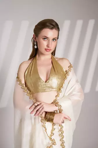 White solid fancy burberry organza saree