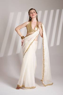 White solid fancy burberry organza saree 4