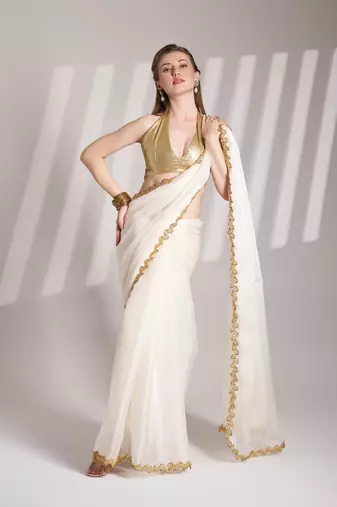 White solid fancy burberry organza saree