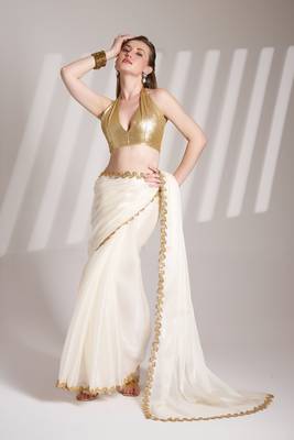 White solid fancy burberry organza saree 5