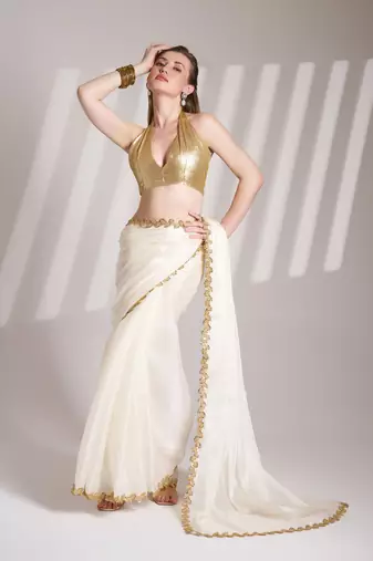 White solid fancy burberry organza saree