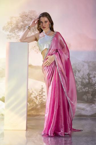 Pink solid fancy designer burberry organza saree