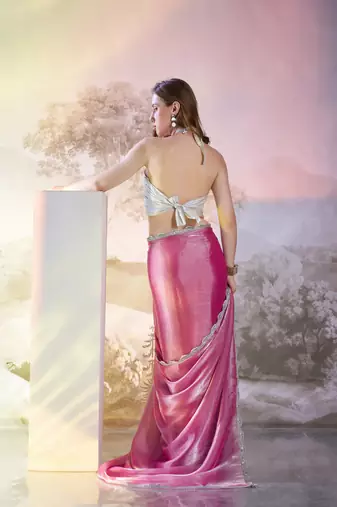 Pink solid fancy burberry organza saree