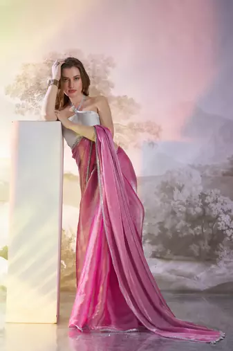 Pink solid fancy burberry organza saree