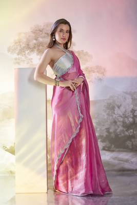 Pink solid fancy burberry organza saree 5