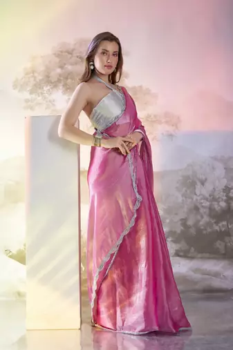 Pink solid fancy burberry organza saree