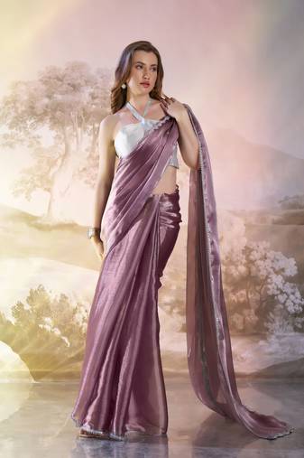 Wine solid fancy designer burberry organza saree