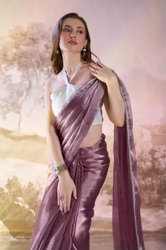 Wine solid fancy burberry organza saree