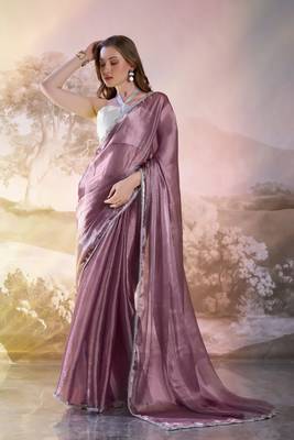 Wine solid fancy burberry organza saree 4