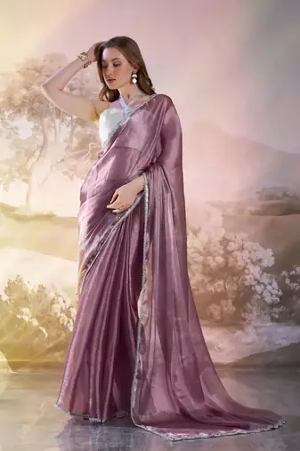 Wine solid fancy burberry organza saree