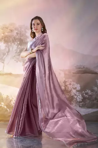 Wine solid fancy burberry organza saree
