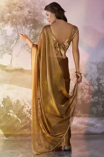 Brown solid fancy burberry organza saree