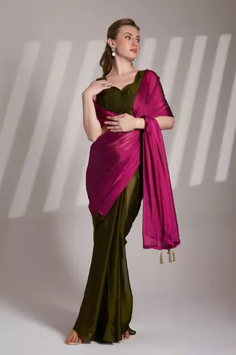 Pink solid fancy satin rangoli saree