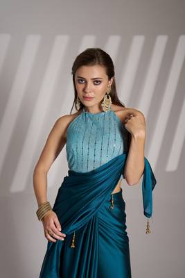 Blue solid fancy designer satin rangoli saree 3