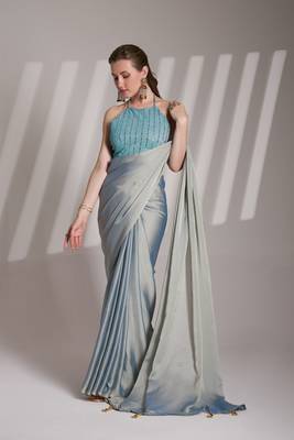 Grey solid fancy satin rangoli saree 1