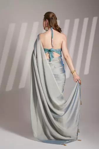 Grey solid fancy satin rangoli saree