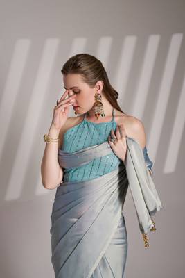 Grey solid fancy satin rangoli saree 3