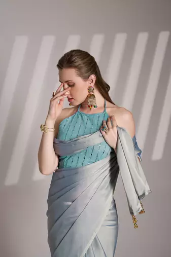 Grey solid fancy satin rangoli saree