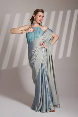 Grey solid fancy satin rangoli saree 4