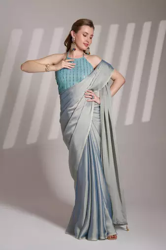 Grey solid fancy satin rangoli saree