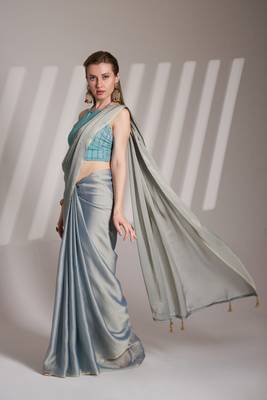 Grey solid fancy satin rangoli saree 5
