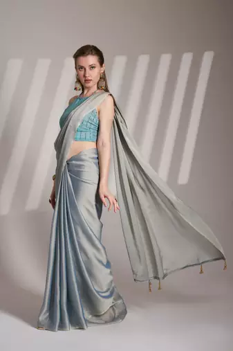 Grey solid fancy satin rangoli saree