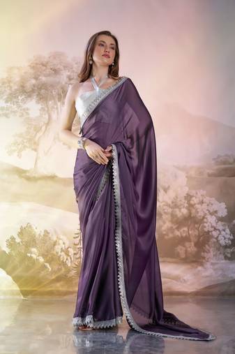 Lavender solid fancy designer satin rangoli saree