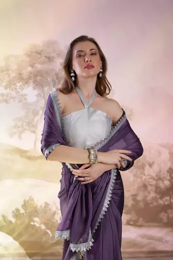 Lavender solid fancy satin rangoli saree