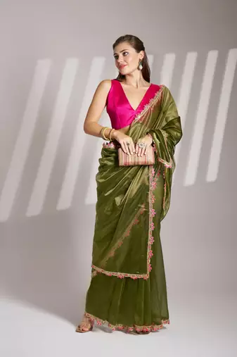 Mahendi twill net c solid fancy saree