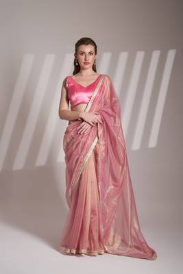 Pink twill net c solid fancy saree 1