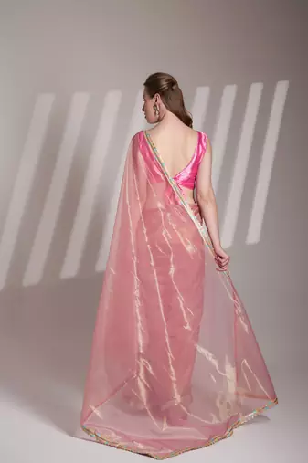 Pink twill net c solid fancy saree