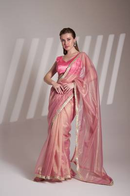 Pink twill net c solid fancy saree 5