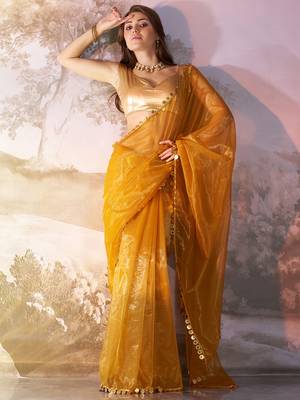 Mustard twill net c solid fancy saree 1