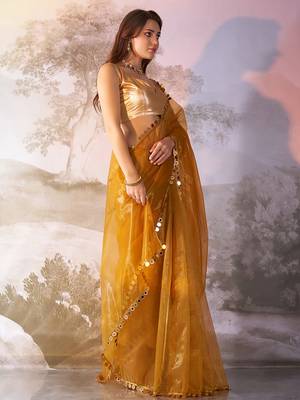 Mustard twill net c solid fancy saree 2