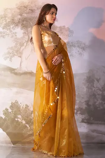 Mustard twill net c solid fancy saree