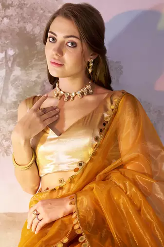 Mustard twill net c solid fancy saree