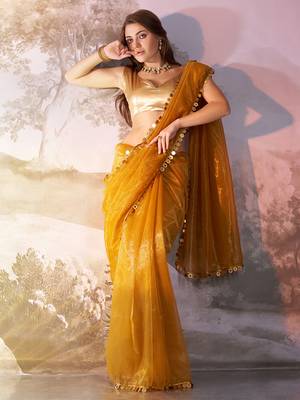 Mustard twill net c solid fancy saree 5