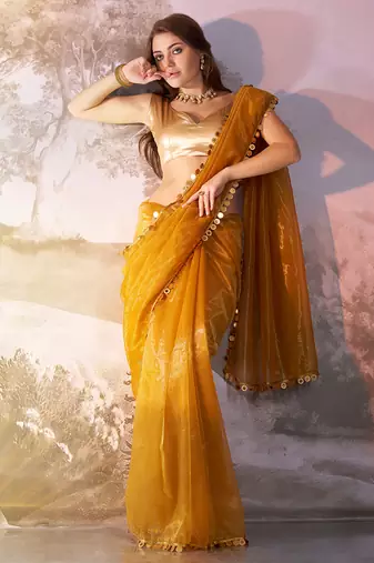 Mustard twill net c solid fancy saree