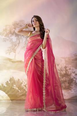Red twill net c solid fancy saree 1