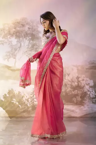 Red twill net c solid fancy saree