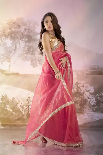 Red twill net c solid fancy saree